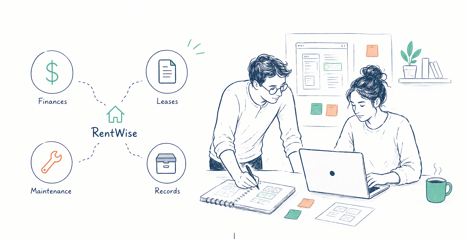 Illustration of two self-managing landlords working together with RentWise organizing finances, leases, maintenance, and records